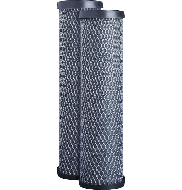 2-pack carbon block water filter cartridges, compatible with GE FXWTC, GXWH04F and similar models, reduces taste and odor