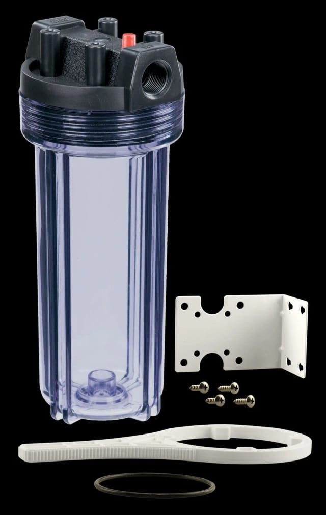 Whole house sediment and rust filter clear housing, 5 micron, available in 3/4, 1/2, or 1/4 inch