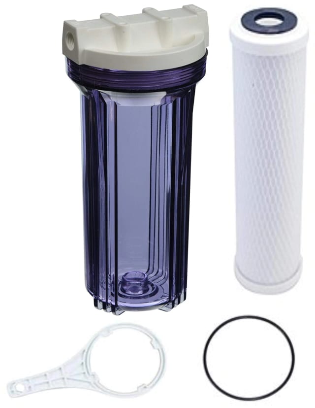 Clear 10-inch water filter housing kit with carbon filter cartridge, wrench and O-ring, 1/2-inch fittings