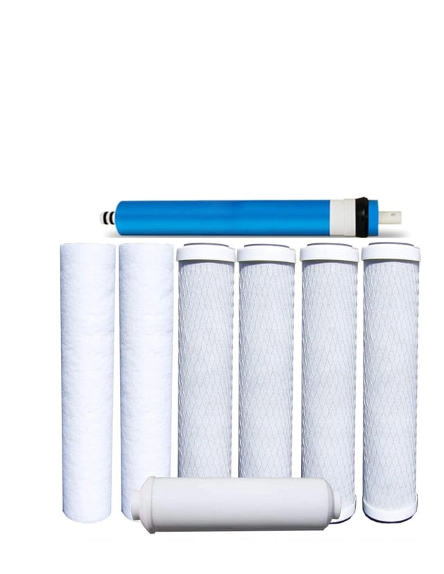 8-piece universal 5-stage reverse osmosis replacement filter set with sediment, carbon block, inline cartridges, and 50 GPD membrane, for 10 inch filter housings