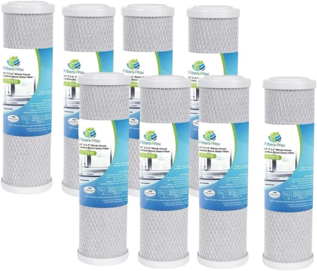 8-pack carbon block water filter cartridges, 10 x 2.5 inches, compatible with Flow-Pur 8 and WCBCS-975-RV models, reduces bad taste and odor
