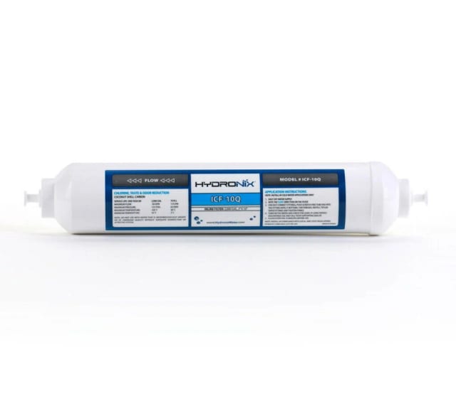 Inline coconut GAC water filter for RO, fridge, and ice systems, model ICF-10Q, 2000 gallon capacity, 1/4 inch quick connect
