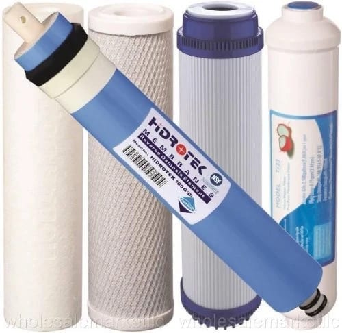 5-piece reverse osmosis replacement filter set with 100 GPD membrane, standard size cartridges