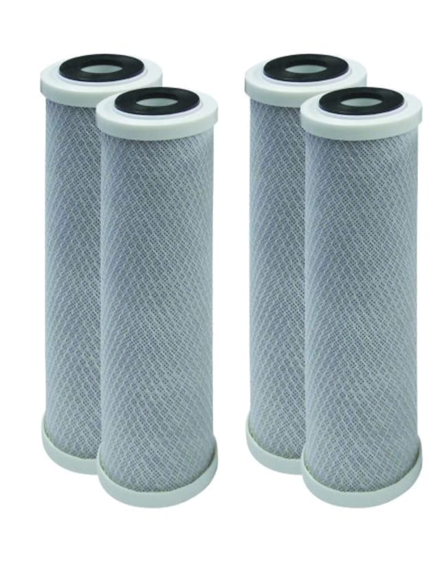 4-pack carbon block water filter cartridges, 0.5 micron, 9.75 x 2.875 inches, white, compatible with FloPlus-10 models