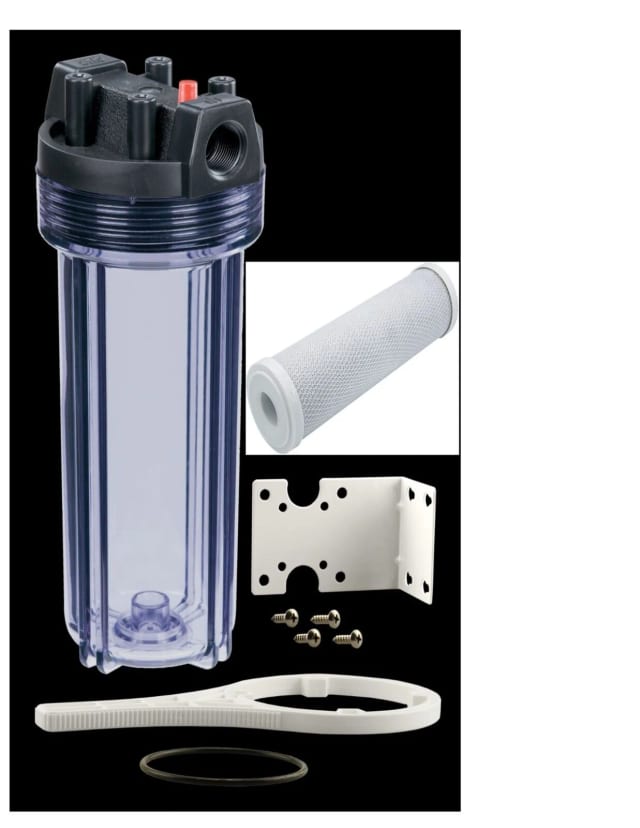 Big Blue-style white filter housing, 10 x 2.5 inches, with 5-micron carbon block filter cartridge set