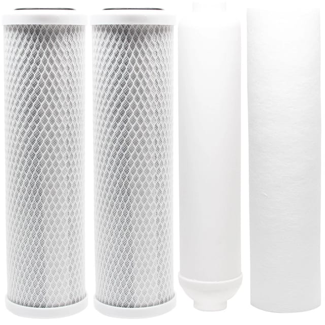 4-piece RO replacement filter kit with carbon block, polypropylene sediment and inline cartridges, compatible with Watts RO-TFM-5SV systems