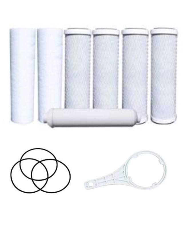 Replacement water filter kit with carbon block, polypropylene sediment and inline cartridges, O-ring, and wrench, for reverse osmosis systems