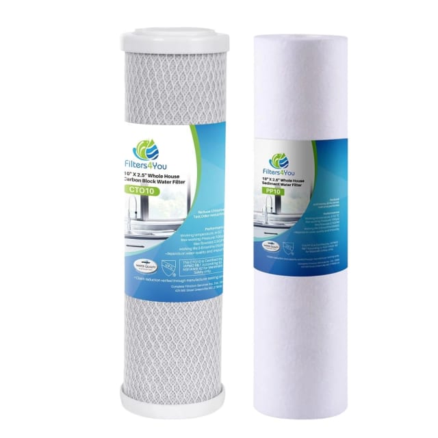 Replacement water filter kit with sediment and carbon cartridges, 1 micron, compatible with 10 inch reverse osmosis and under-sink systems, reduces bad taste and odor
