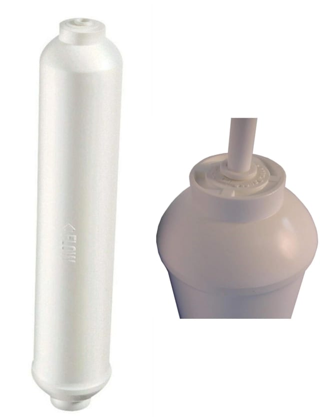 Inline refrigerator water filter, white, compatible with WICA inline filter models, 1/4 inch quick-connect fittings, reduces bad taste and odor