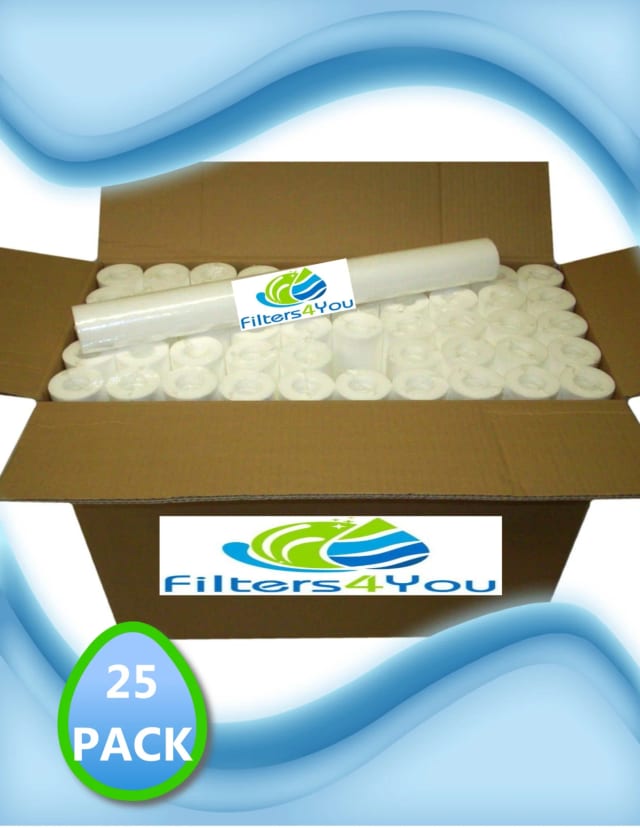 25-pack polypropylene sediment water filter cartridges, 5 micron, 20 x 2.5 inches, for RO systems