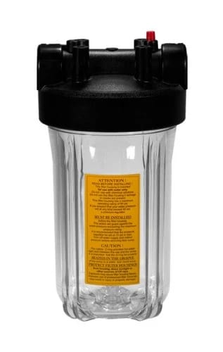 Heavy-duty clear Big Blue filter housing with 3/4-inch port and pressure release, for 10 x 4.5-inch cartridges