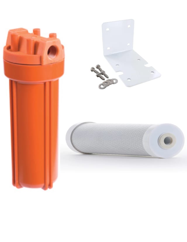 Whole house hot water sediment post-filter system, 10 inches, 3/4-inch NPT, with bracket and carbon block filter