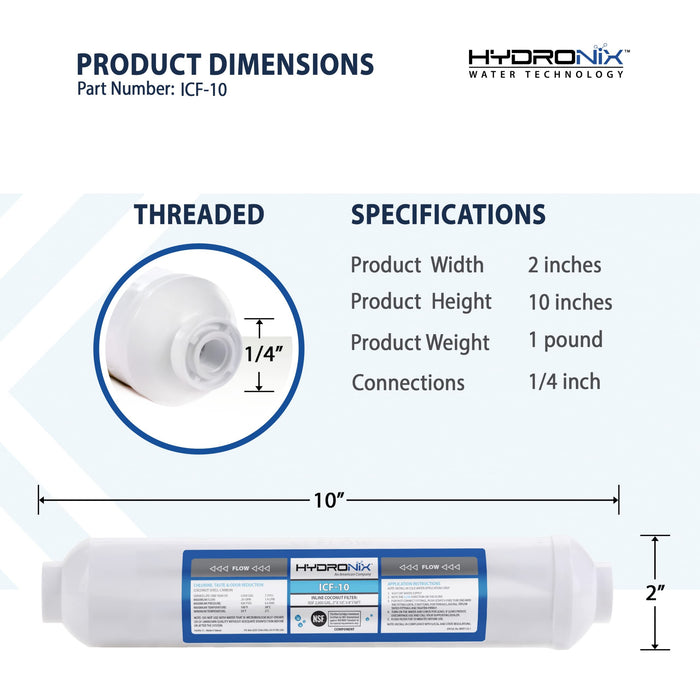 Hydronix ICF-10 Inline Coconut GAC Water Filter – 2000 Gal – 1/4" NPT