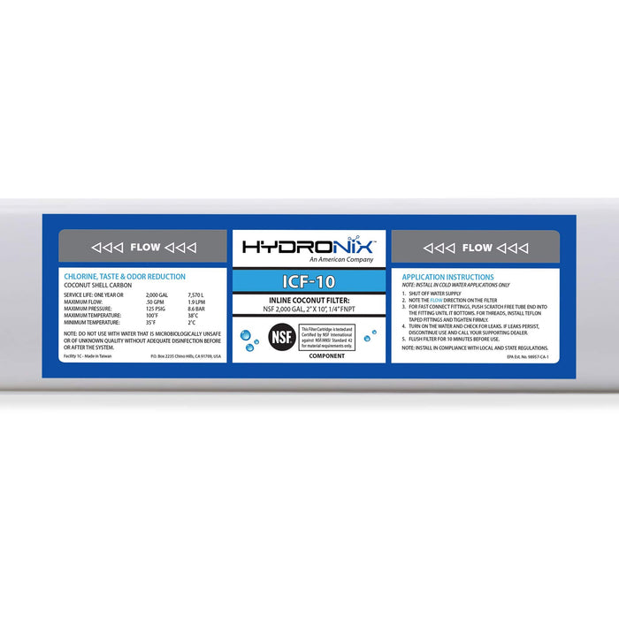 Hydronix ICF-10 Inline Coconut GAC Water Filter – 2000 Gal – 1/4" NPT